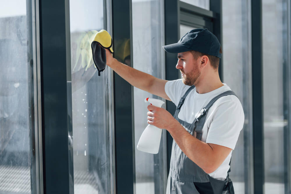 Homme en tenue de travail qui nettoie une vitre